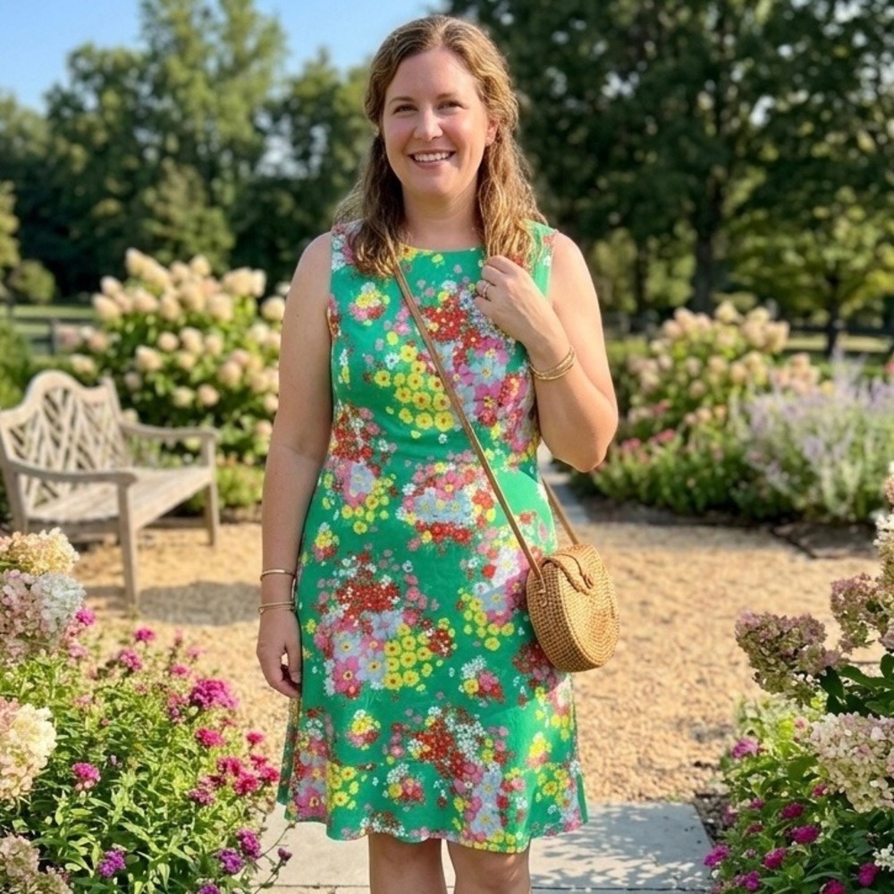 Talbots Petites Green Floral Sleeveless Fit and‎ Flare Flounce Dress 8P Preppy